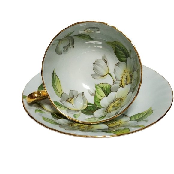 AYNSLEY England DOGWOOD Pattern Light Blue Cup & Saucer Magnolia Flowers - Picture 4 of 12